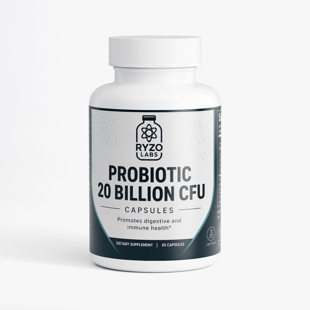 Probiotic 20 billion CFU supplement for gut health and digestion by Ryzo Labs