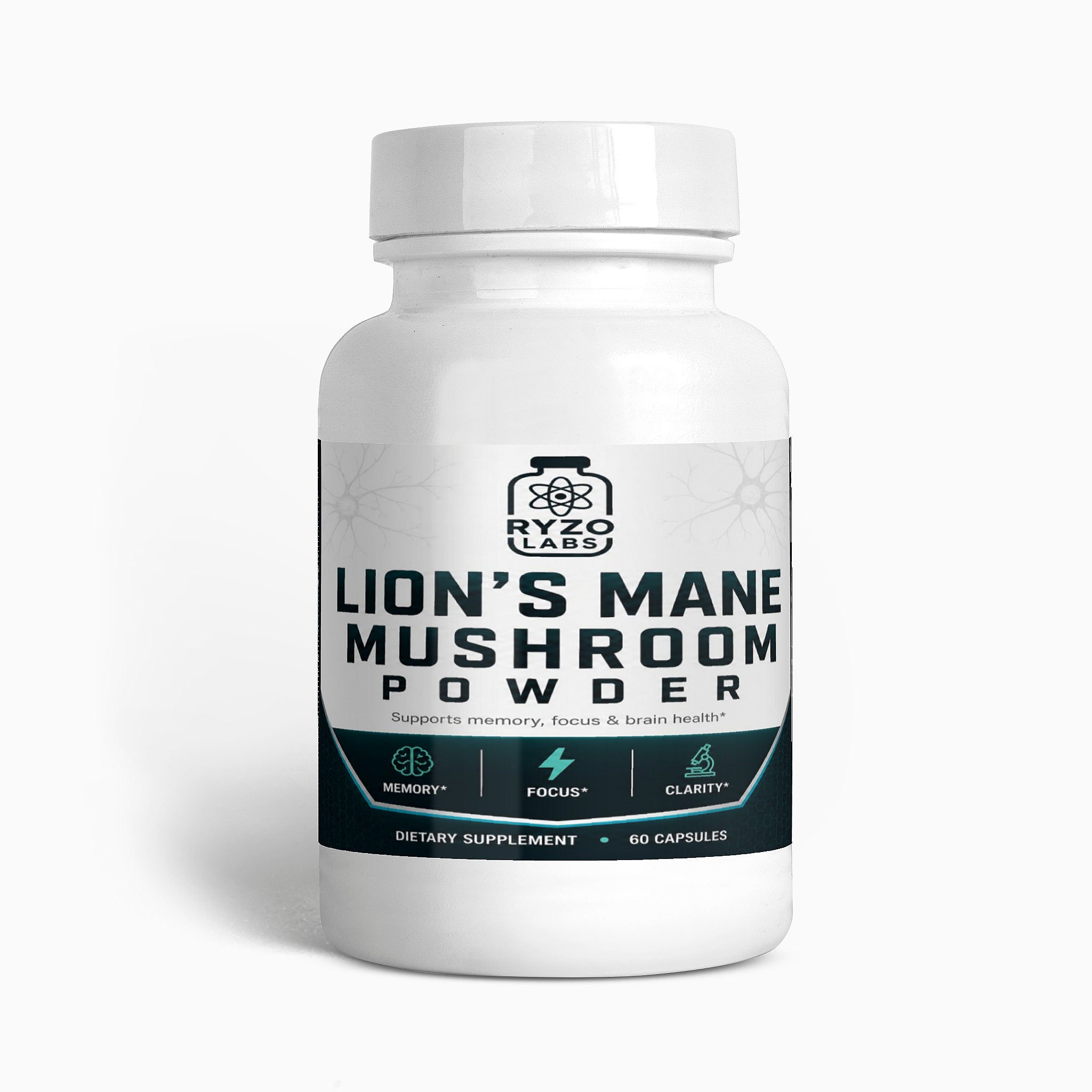 Ryzo Labs Lion's Mane Mushroom Supplement Bottle 60 Capsules Cognitive Focus Memory Support