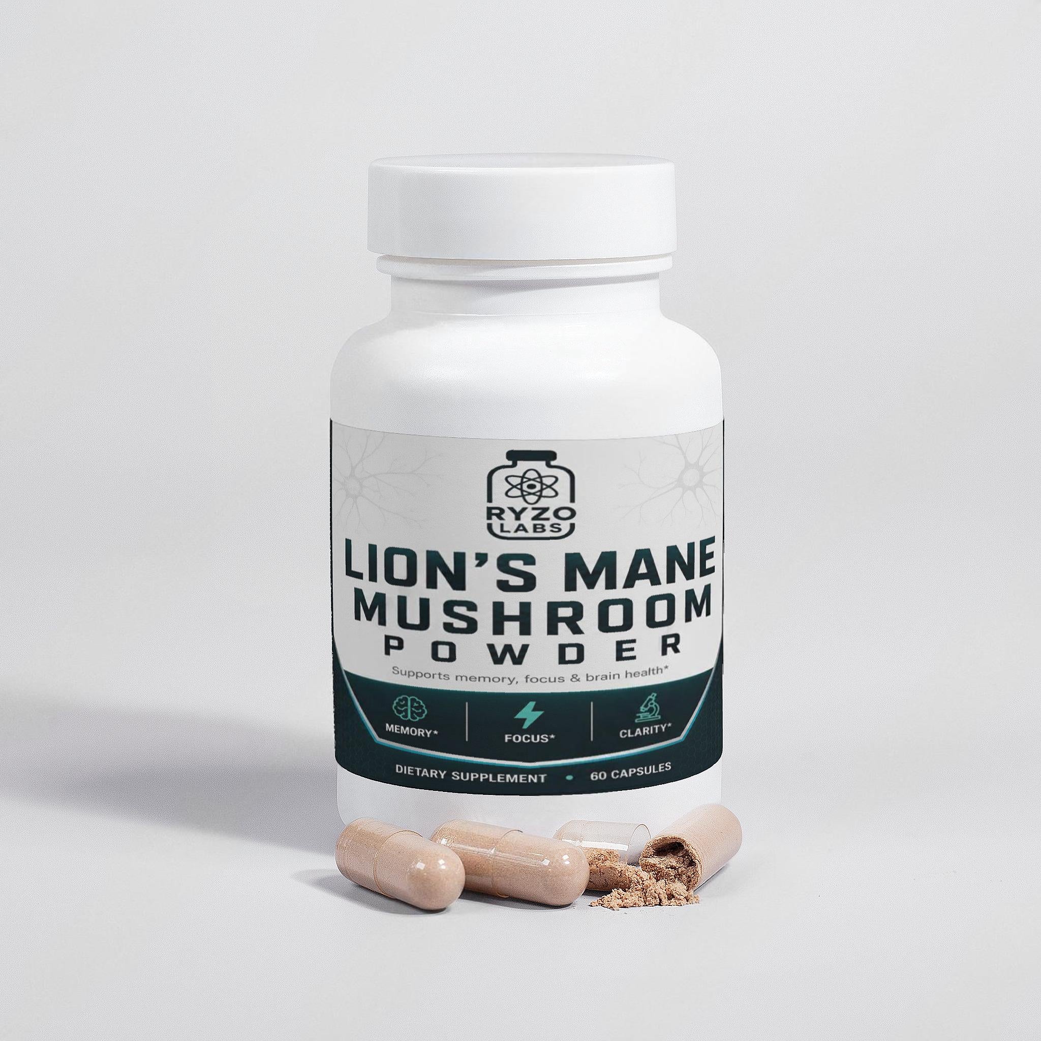 Ryzo Labs Lion's Mane Mushroom Supplement Facts Label Organic Fruiting Body 40 Percent Polysaccharides