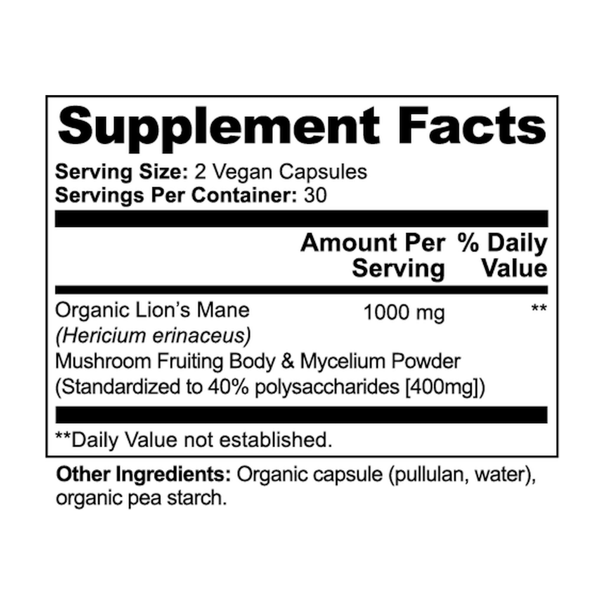 Ryzo Labs Lion's Mane Mushroom Capsules Nootropic Brain Health Nerve Growth Factor